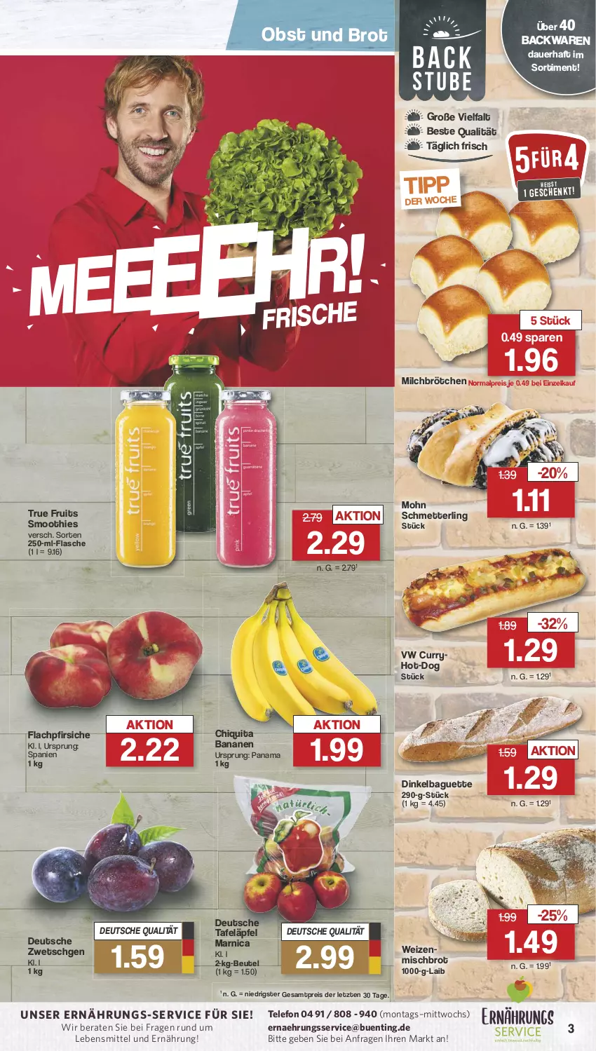 Aktueller Prospekt Famila - Prospekte - von 19.08 bis 24.08.2024 - strona 3 - produkty: Arnica, auer, backwaren, baguette, banane, bananen, beutel, brot, brötchen, chiquita, curry, eis, flasche, HP, lebensmittel, Mett, milch, Milchbrötchen, obst, pfirsich, pfirsiche, reis, Schmetterling, smoothie, smoothies, tafeläpfel, telefon, Ti, true fruits, weizenmischbrot, ZTE