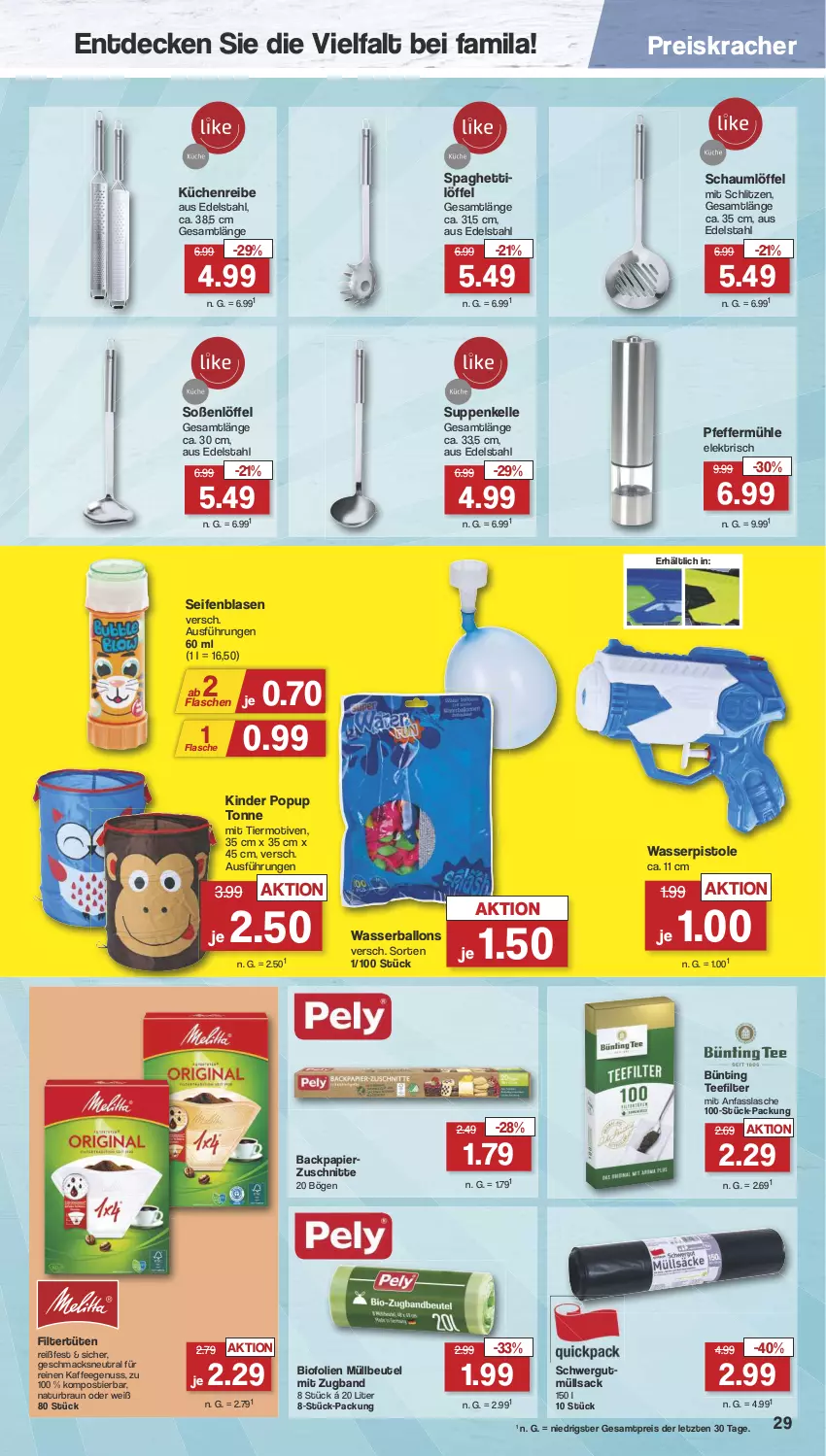 Aktueller Prospekt Famila - Prospekte - von 19.08 bis 24.08.2024 - strona 31 - produkty: ball, beutel, bio, braun, bünting tee, decke, edelstahl, eis, elle, flasche, kaffee, kaffeegenuss, Kinder, kracher, küche, Küchen, Küchenreibe, Löffel, mac, müllbeutel, natur, nuss, papier, pfeffer, Pfeffermühle, reis, sac, Seife, Soße, spaghetti, Spaghettilöffel, Stier, suppe, suppen, tee, Ti, Tüte, wasser, Wasserball, Wasserballons, wasserpistole, ZTE