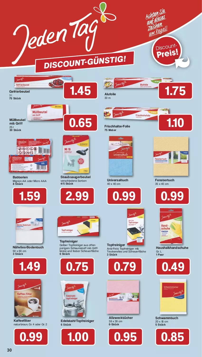 Aktueller Prospekt Famila - Prospekte - von 19.08 bis 24.08.2024 - strona 32 - produkty: Allzwecktücher, batterie, batterien, beutel, braun, edelstahl, eis, fenster, gefrierbeutel, handschuhe, Heu, kaffee, müllbeutel, natur, reiniger, schuhe, schwamm, Schwammtuch, staubsauger, staubsaugerbeutel, Ti, topf, tuc, tücher, weck