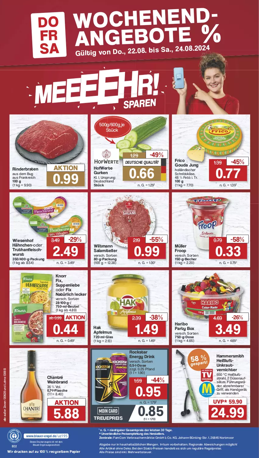 Aktueller Prospekt Famila - Prospekte - von 19.08 bis 24.08.2024 - strona 34 - produkty: apfel, apfelmus, auer, Becher, beutel, braten, chantré, drink, drucker, eis, elle, energy drink, Engel, flasche, fleisch, fleischwurst, frico, froop, gouda, gouda jung, gurke, gurken, haribo, holländischer schnittkäse, Käse, kerze, knorr, knorr fix, Kraut, Müller, müller froop, papier, Rauch, regal, reis, rind, rinder, rinderbraten, Rockstar, rwe, salami, schnittkäse, suppe, suppen, suppenliebe, teller, Ti, unkrautvernichter, wein, weinbrand, wiesenhof, wiltmann, wurst, ZTE