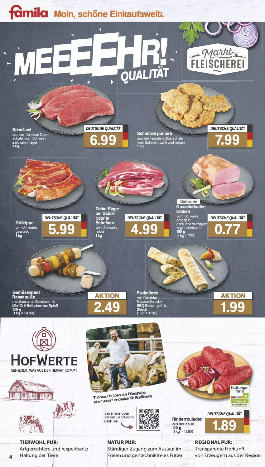 Aktueller Prospekt Famila - Prospekte - von 19.08 bis 24.08.2024 - strona 4 - produkty: bacon, braten, brot, brötchen, cheddar, eis, ente, fleisch, gewürz, grill, grillrippe, kasseler, lachs, Lachsbraten, mozzarella, natur, rel, rind, rinder, Rinderroulade, rinderrouladen, rindfleisch, rouladen, Schal, Schale, schnitten, schnitzel, schwein, Ti, Tiere, wein