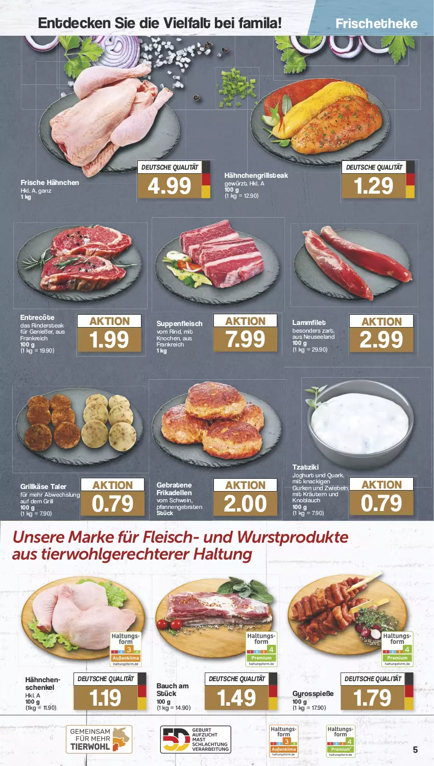 Aktueller Prospekt Famila - Prospekte - von 19.08 bis 24.08.2024 - strona 5 - produkty: Bau, braten, decke, dell, eis, Elan, elle, entrecôte, filet, fleisch, frikadellen, Frische Hähnchen, gewürz, grill, Grillkäse, gurke, gurken, gyros, hähnchenschenkel, henkel, joghur, joghurt, Käse, knoblauch, kräuter, kräutern, lamm, LG, pfanne, pfannen, quark, rind, rinder, Rindersteak, schenkel, schwein, steak, suppe, suppen, suppenfleisch, Ti, tzatziki, wein, wurst, zwiebel, zwiebeln