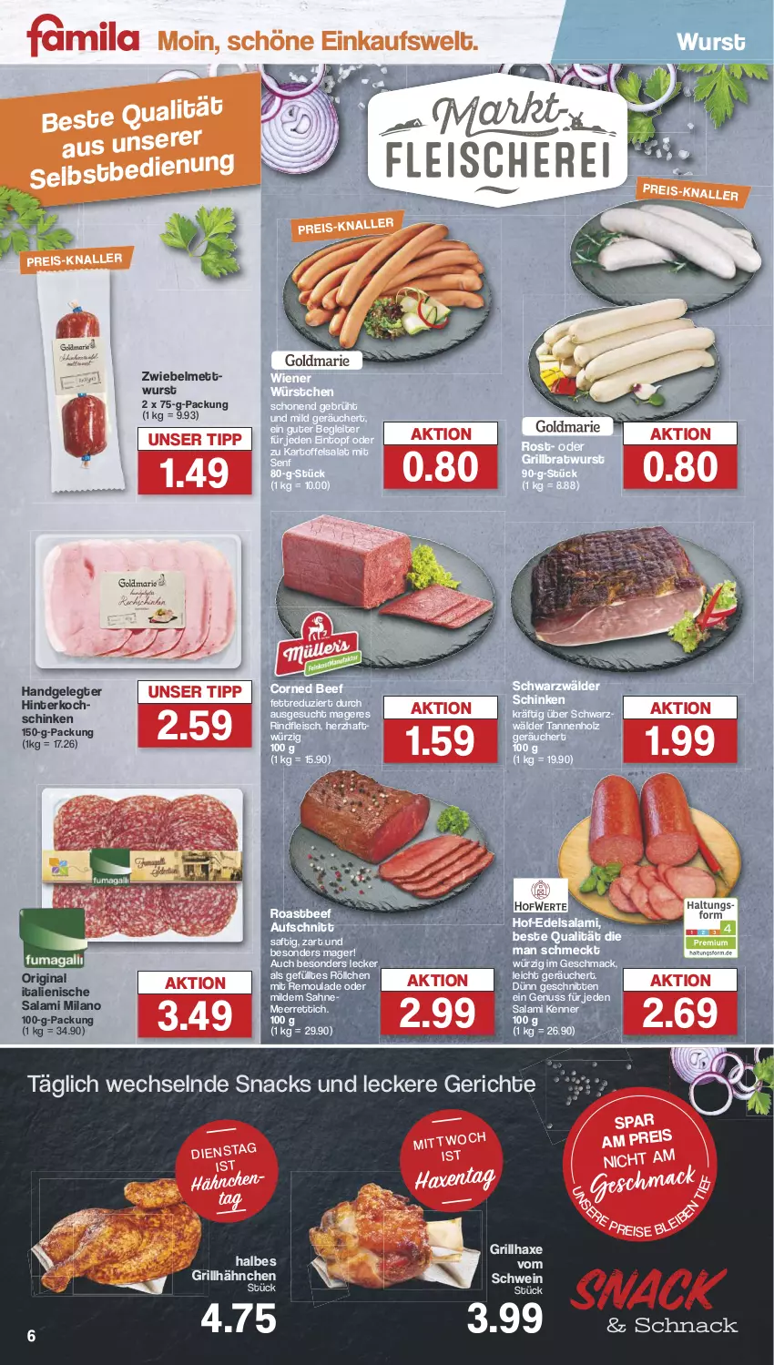 Aktueller Prospekt Famila - Prospekte - von 19.08 bis 24.08.2024 - strona 6 - produkty: aufschnitt, axe, beef, bratwurst, corned beef, Edelsalami, eintopf, eis, fleisch, gin, grill, grillbratwurst, grillhähnchen, grillhaxe, Haxe, hinterkochschinken, Holz, kartoffel, kartoffelsalat, kochschinken, mac, meerrettich, Mett, mettwurst, nuss, reis, remoulade, Rettich, rind, rindfleisch, roastbeef, saft, sahne, salami, salat, schinken, schnitten, schwarzwälder schinken, schwein, senf, snack, snacks, Ti, topf, wein, wiener, wiener würstchen, wurst, würstchen, zwiebel, zwiebelmettwurst