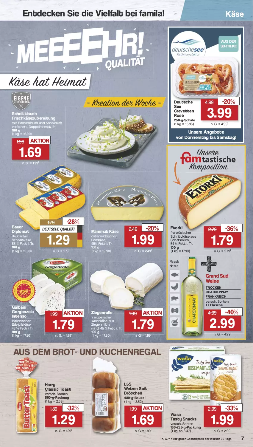 Aktueller Prospekt Famila - Prospekte - von 19.08 bis 24.08.2024 - strona 7 - produkty: angebot, angebote, auer, Bau, Bauer, beutel, brot, brötchen, chardonnay, decke, deutscher schnittkäse, dip, doppelrahmstufe, eis, flasche, französischer weichkäse, frischkäse, frischkäsezubereitung, galbani, gorgonzola, grand sud, hartkäse, intenso, Käse, knoblauch, kuchen, mam, milch, regal, reis, Schal, Schale, schnittkäse, schnittlauch, snack, snacks, Ti, toast, wasa, weichkäse, wein, weine, ZTE