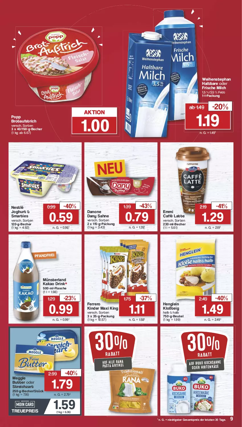 Aktueller Prospekt Famila - Prospekte - von 19.08 bis 24.08.2024 - strona 9 - produkty: aufstrich, Becher, beutel, brot, brotaufstrich, Buko, butter, caffè latte, danone, Dany, dany sahne, decke, drink, eis, emmi, ferrero, flasche, frische milch, henglein, hirtenkäse, joghur, joghurt, kakao, Käse, Kinder, Kinder Maxi, kinder maxi king, kühlregal, latte, meggle, milch, nestlé, pasta, Popp, Rana, regal, reis, sahne, smarties, Streichzart, Ti, weihenstephan, ZTE