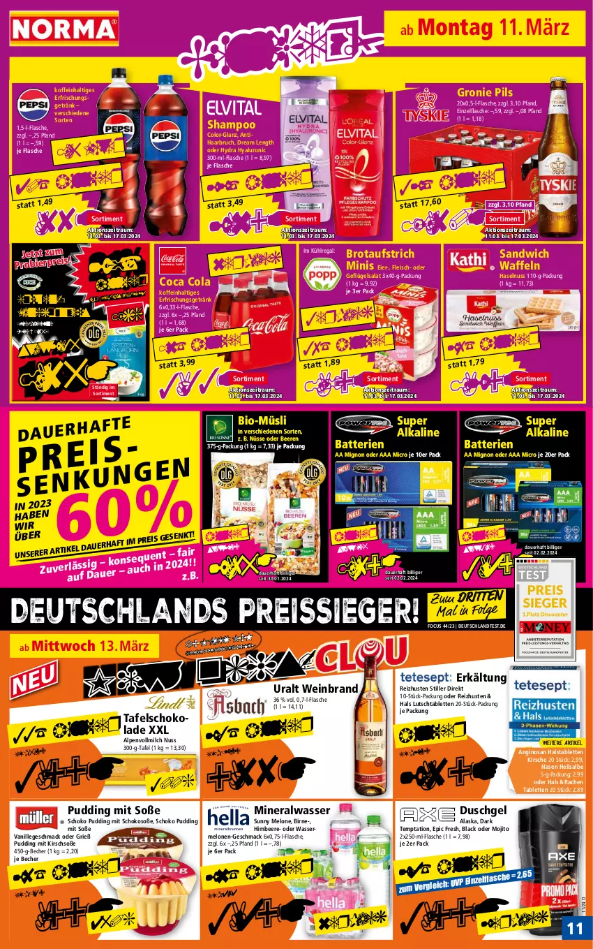 Aktueller Prospekt Norma - Norma - von 11.03 bis 18.03.2024 - strona 11 - produkty: Alwa, auer, aufstrich, batterie, batterien, Becher, beere, beeren, bier, bio, brot, brotaufstrich, cola, duschgel, eier, eis, erfrischungsgetränk, flasche, fleisch, Geflügel, geflügelsalat, getränk, gin, haselnuss, himbeer, himbeere, hyaluron, kirsch, kirsche, korn, kühlregal, lack, Langkornreis, LG, mac, melone, melonen, milch, mineralwasser, mojito, müsli, nuss, pils, pudding, regal, reis, reiss, salat, sandwich, schoko, schokolade, shampoo, Soße, ssd, tablet, tablett, Tablette, tafelschokolade, Ti, vanille, vollmilch, waffeln, wasser, wein, weinbrand