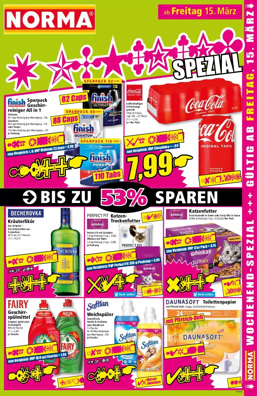 Aktueller Prospekt Norma - Norma - von 11.03 bis 18.03.2024 - strona 15 - produkty: apfel, Cap, erfrischungsgetränk, fisch, flasche, gelee, geschirr, geschirrspülmittel, getränk, gin, grana, granatapfel, katzenfutter, Katzentrockenfutter, kräuter, kräuterlikör, likör, orchidee, papier, Perfect Fit, pfirsich, Rana, reiniger, sauce, spülmittel, Ti, toilettenpapier, trockenfutter, truthahn, vanille, weichspüler, whiskas