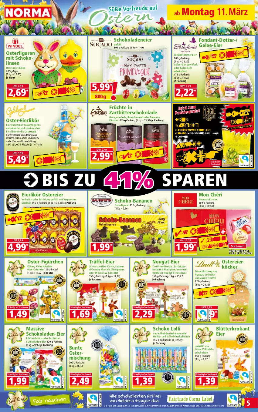 Aktueller Prospekt Norma - Norma - von 11.03 bis 18.03.2024 - strona 5 - produkty: banane, bananen, beutel, bier, champagne, cin, cola, creme, dessert, desserts, eier, eierlikör, eis, erde, flasche, früchte, gelee, haselnuss, käfer, kakao, kirsch, kirsche, kirschen, likör, linsen, liqueur, marzipan, milch, Mon Chéri, mousse, Mousse au Chocolat, nuss, orange, orangen, pflaume, pflaumen, reis, rum, Schal, Schale, schoko, schokolade, schokoladen, Schokolinsen, Ti, Trüffel, vanille, verpoorten, vollmilch, WICK, Zartbitterschokolade