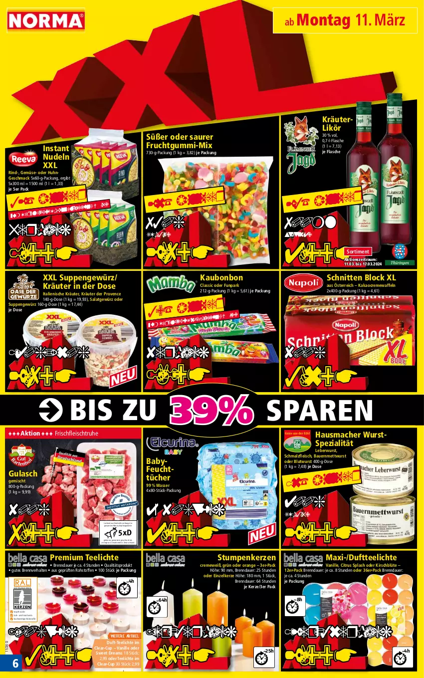 Aktueller Prospekt Norma - Norma - von 11.03 bis 18.03.2024 - strona 6 - produkty: auer, Bau, Bauer, Blüte, citrus, creme, Cremewaffeln, Duftteelichte, eis, feuchttücher, flasche, fleisch, frucht, fruchtgummi, gewürz, gulasch, Hausmacher, kakao, kerze, Kette, kirsch, kräuter, kräuterlikör, leberwurst, likör, mac, malz, Mett, mettwurst, nudel, nudeln, orange, rind, salat, Schmalz, schnitten, Spezi, suppe, suppen, tee, Teelicht, teelichte, Ti, tücher, vanille, waffeln, wasser, wurst