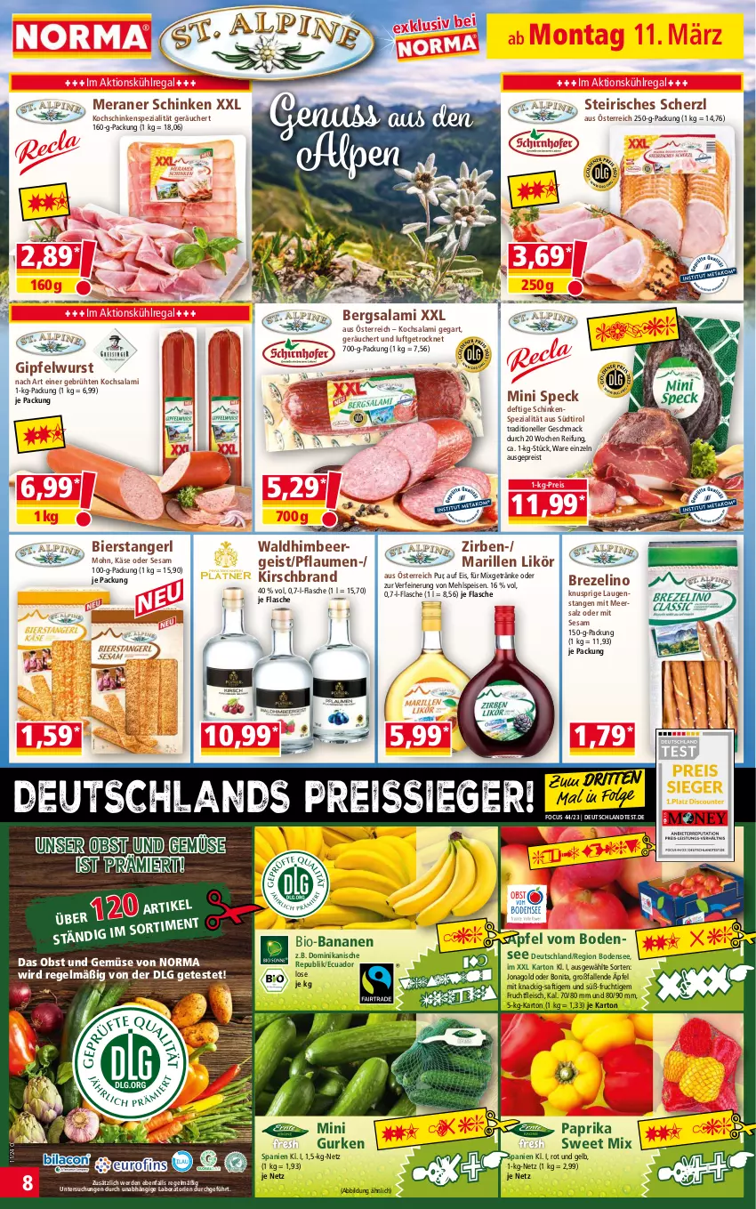 Aktueller Prospekt Norma - Norma - von 11.03 bis 18.03.2024 - strona 8 - produkty: banane, bananen, bier, bio, bio-bananen, bonita, brezel, eis, elle, erde, flasche, fleisch, frucht, fruchtfleisch, getränk, getränke, gurke, gurken, himbeer, Käse, kirsch, kochschinken, kühlregal, Laugenstange, LG, likör, mac, meersalz, mehl, Mixgetränk, nuss, obst, Obst und Gemüse, paprika, pflaume, pflaumen, regal, reis, reiss, saft, salami, salz, schinken, sesam, Speck, Spezi, Ti, tiefpreis, und gemüse, wurst