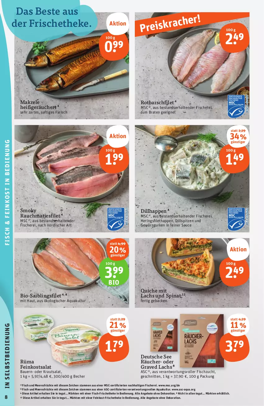 Aktueller Prospekt Tegut - Angebote der Woche - von 18.09 bis 23.09.2023 - strona 10 - produkty: angebot, angebote, aqua, auer, Bau, Bauer, Becher, bio, braten, dekoration, eis, feinkost, filet, fisch, Fisch und Meeresfrüchte, fische, Fischer, fleisch, früchte, geback, gewürz, Gewürzgurke, gewürzgurken, Graved Lachs, gurke, gurken, hering, Herings, Kraut, krautsalat, lachs, Makrele, matjes, Matjesfilet, meeresfrüchte, Quiche, Rauch, reis, rel, ring, Rotbarsch, rotbarschfilet, saft, Saibling, salat, sauce, Schere, schnitten, spinat, tender, Ti