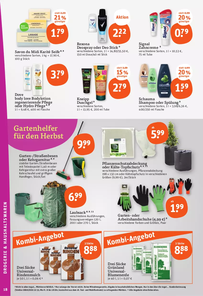 Aktueller Prospekt Tegut - Angebote der Woche - von 18.09 bis 23.09.2023 - strona 20 - produkty: angebot, angebote, blume, blumen, blumenerde, body, bodylotion, creme, dekoration, deo, deospray, dove, duschgel, erde, flasche, garnitur, Garten, handschuhe, Kehrgarnitur, kneipp, kosmetik, Lotion, natur, naturkosmetik, pflanze, pflanzen, rexona, rind, rindenmulch, sac, schauma, schauma shampoo, schuhe, Seife, shampoo, shampoo oder spülung, Signal, spülung, telefon, Teleskop, teleskopstiel, Ti, topf, uhr, zahncreme