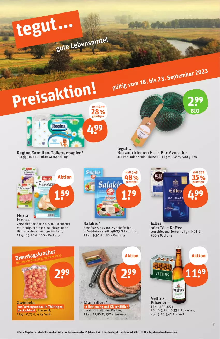 Aktueller Prospekt Tegut - Angebote der Woche - von 18.09 bis 23.09.2023 - strona 3 - produkty: alkohol, angebot, angebote, avocado, avocados, Bau, bio, dekoration, eis, finesse, getränk, getränke, gin, grill, hähnchenbrust, herta, herta finesse, honig, ideal für grill, kaffee, Kamill, kamille, Käse, leine, milch, papier, pfanne, pils, pilsener, pute, putenbrust, reis, ring, sac, salakis, salz, schafkäse, schinken, Ti, toilettenpapier, veltins, veltins pilsener, zwiebel, zwiebeln