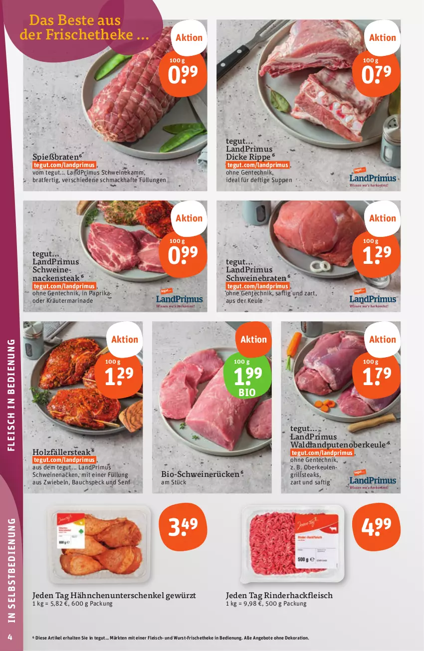 Aktueller Prospekt Tegut - Angebote der Woche - von 18.09 bis 23.09.2023 - strona 6 - produkty: angebot, angebote, Bau, bio, braten, dekoration, eis, ente, fleisch, gewürz, grill, hackfleisch, henkel, Holz, kräuter, landprimus, mac, marinade, Nackensteak, oder kräuter, paprika, pute, Putenoberkeule, rind, rinder, rinderhackfleisch, saft, schenkel, schwein, schweine, schweinebraten, schweinenacken, schweinerücken, senf, Speck, steak, steaks, suppe, suppen, Ti, wein, weine, wurst, zwiebel, zwiebeln