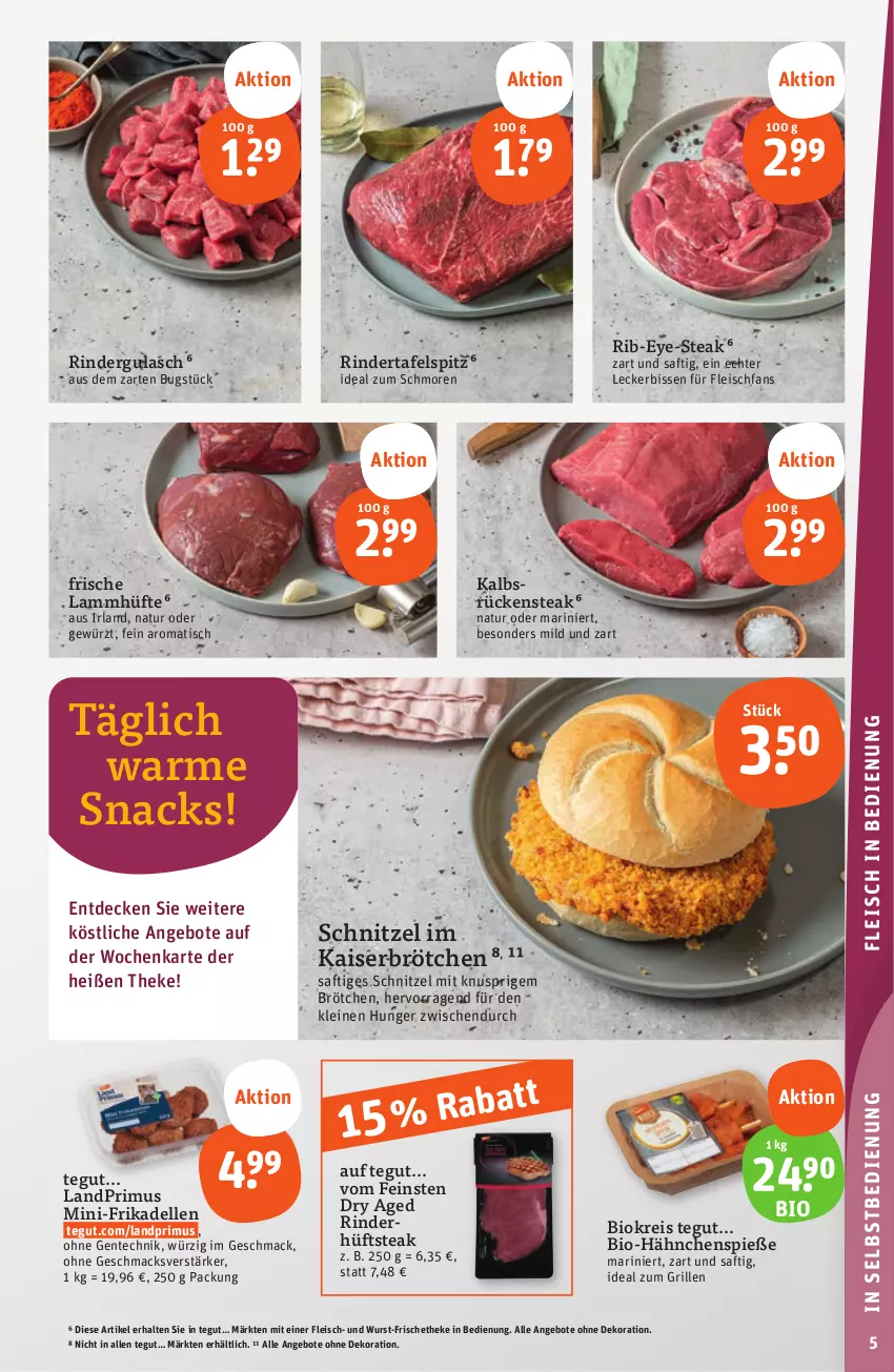 Aktueller Prospekt Tegut - Angebote der Woche - von 18.09 bis 23.09.2023 - strona 7 - produkty: angebot, angebote, bio, brötchen, decke, dekoration, dell, eis, elle, ente, fleisch, frikadellen, gewürz, grill, gulasch, hüftsteak, ideal zum grillen, Kaiser, lamm, landprimus, leine, mac, natur, reis, rind, rinder, rindergulasch, Rückensteak, saft, schnitzel, snack, snacks, steak, tafelspitz, Ti, tisch, wurst