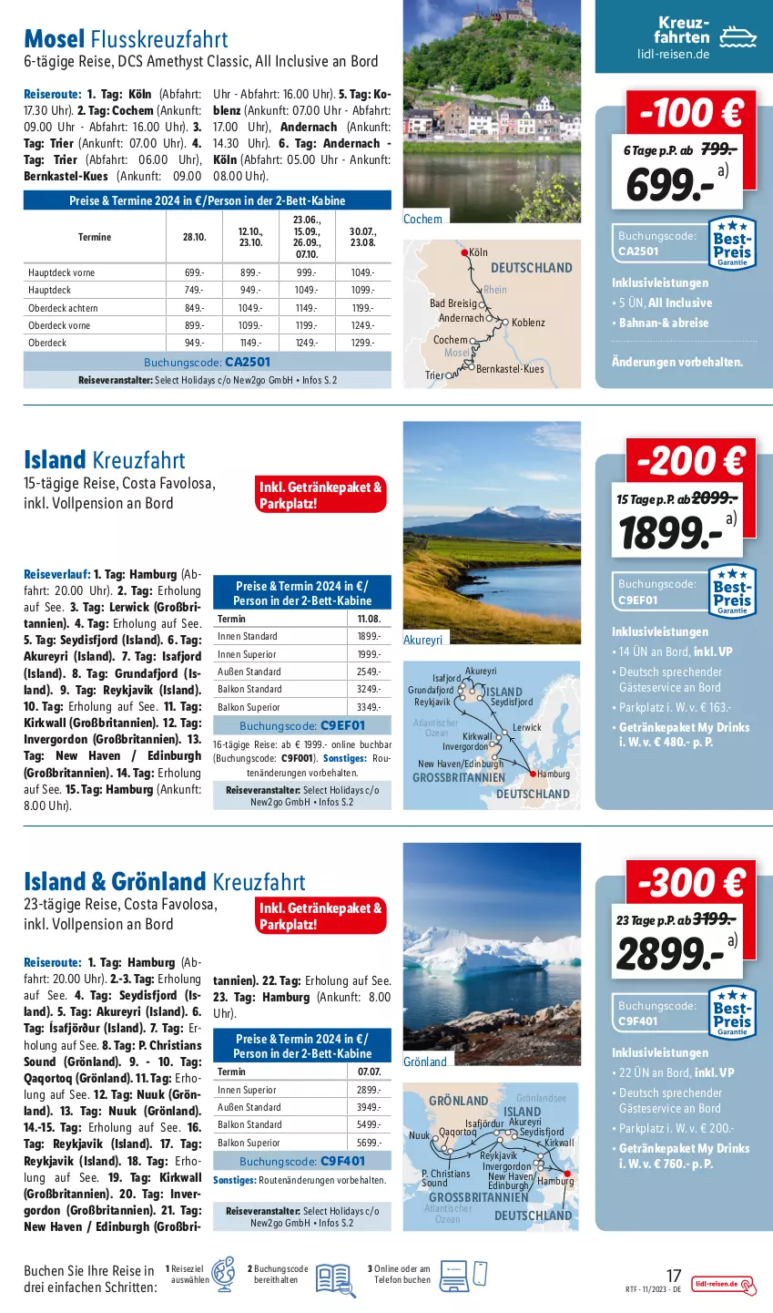 Aktueller Prospekt Lidl - Eine Reise alles drin - von 15.11 bis 15.12.2023 - strona 17 - produkty: Bad, bett, Brei, brita, buch, drink, drinks, eis, erde, getränk, getränke, gordon, inklusivleistungen, kreuzfahrten, reis, reiseveranstalter, reiseverlauf, Ria, telefon, Ti, tisch, uhr, WICK