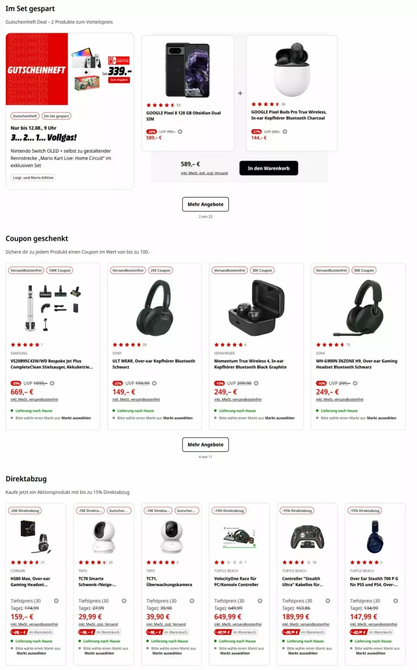 Aktueller Prospekt Media Markt - Prospekte - von 26.07 bis 09.08.2024 - strona 3 - produkty: akku, coupon, eis, gutschein, Headset, In-Ear Kopfhörer, kopfhörer, korb, korn, lack, LG, ndk, nintendo, Nintendo Switch, ps4, reis, rel, Roller, Stielsauger, tender, Ti, uhr, versandkostenfrei, vorteilspreis, Yo