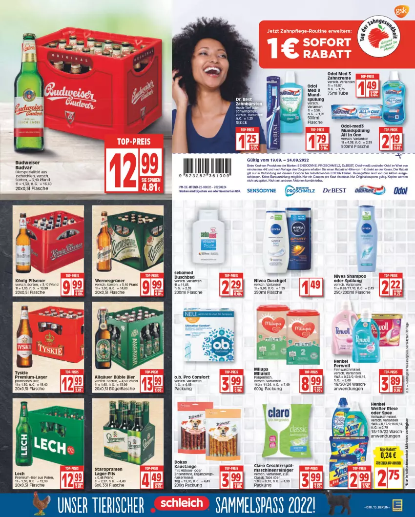 Aktueller Prospekt Edeka - Angebote der Woche - von 19.09 bis 24.09.2022 - strona 15 - produkty: arla, aust, Bad, bier, budweiser, bügel, bügelflasche, coupon, coupons, creme, deka, duschbad, duschgel, eis, ente, Entenbrust, erde, feinwaschmittel, flasche, geschirr, gin, henkel, hühner, könig pilsener, LG, maschinenreiniger, milupa, mundspülung, nivea, O.b., Odol, odol med, perwoll, pils, pilsener, reiniger, reis, Ria, sebamed, sensodyne, shampoo, shampoo oder spülung, spee, Spezi, spülung, Staropramen, Ti, tyskie, vollwaschmittel, waschmittel, zahncreme, ZTE