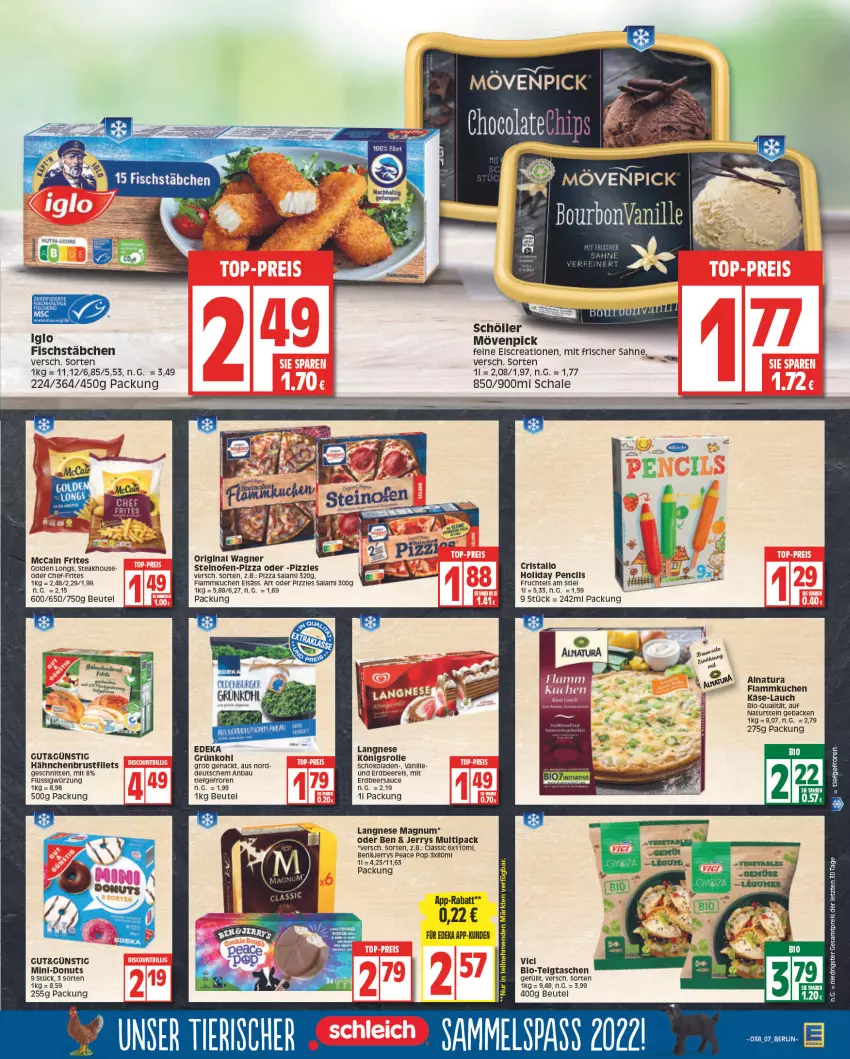 Aktueller Prospekt Edeka - Angebote der Woche - von 19.09 bis 24.09.2022 - strona 7 - produkty: Bau, beere, beutel, bio, brustfilet, burger, deka, Donut, donuts, eis, Elan, erdbeere, filet, filets, fisch, fischstäbchen, flammkuchen, frucht, geback, gin, Golden Longs, hähnchenbrust, hähnchenbrustfilet, iglo, Käse, kuchen, lamm, langnese, mac, magnum, mövenpick, natur, natura, naturstein, Ofen, original wagner, pizza, reis, sahne, salami, sauce, Schal, Schale, schnitten, schoko, schokolade, schokoladen, Schöller, steak, steinofen, Tasche, taschen, Ti, wagner, ZTE