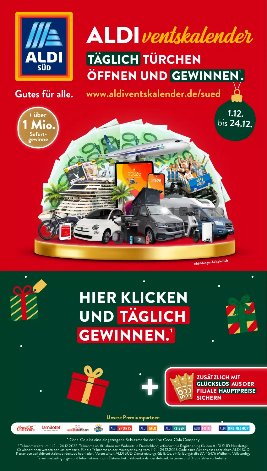 Aktueller Prospekt AldiSud - ALDIVENTSKALENDER - von 01.12 bis 24.12.2023 - strona 1 - produkty: aldi, coca-cola, cola, eis, erde, reis, Ti