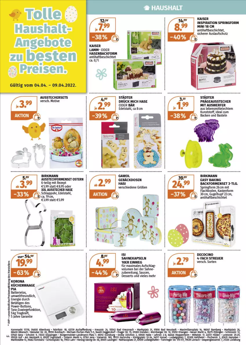 Aktueller Prospekt Mueller - Haushaltswaren Angebote - von 04.04 bis 09.04.2022 - strona 1 - produkty: angebot, angebote, Ausstecher, Ausstechformen, Backform, batterie, dessert, desserts, edelstahl, gefu, Kaiser, kraft, lamm, LG, rezept, ring, sahne, sauce, saucen, Springform, Ti