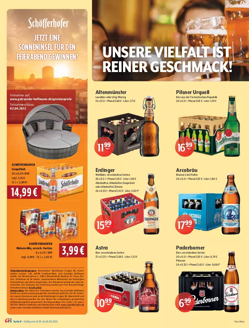 Aktueller Prospekt Getraenke Hoffmann - Prospekte - von 21.03 bis 26.03.2022 - strona 8 - produkty: alkohol, Altenmünster, Astra, Berger, bier, eier, eis, elle, erde, erdinger, franziskaner, getränk, getränke, gewinnspiel, gin, grapefruit, Heu, holsten, Lampe, LG, mac, malz, Moy Bier, pils, pilsener, pilsner, pilsner urquell, radeberger, sac, schöfferhofer, Spezi, Spiele, Ti, tisch, weck, weissbier, zitrone