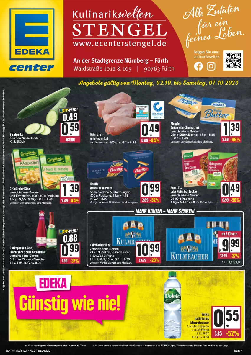 Aktueller Prospekt E Center - Angebote der Woche - von 02.10 bis 07.10.2023 - strona 1 - produkty: aktionspreis, alkohol, Alwa, angebot, angebote, barilla, Becher, bier, butter, deka, ecco, eis, Engel, flasche, frucht, fruchtsecco, grünländer, gurke, henkel, italienische pasta, Käse, knorr, knorr fix, meggle, mineralwasser, natürliches mineralwasser, nuss, pasta, reis, rotkäppchen, salat, Salatgurke, schenkel, sekt, Streichzart, Ti, volvic, volvic natürliches, wasser, ZTE