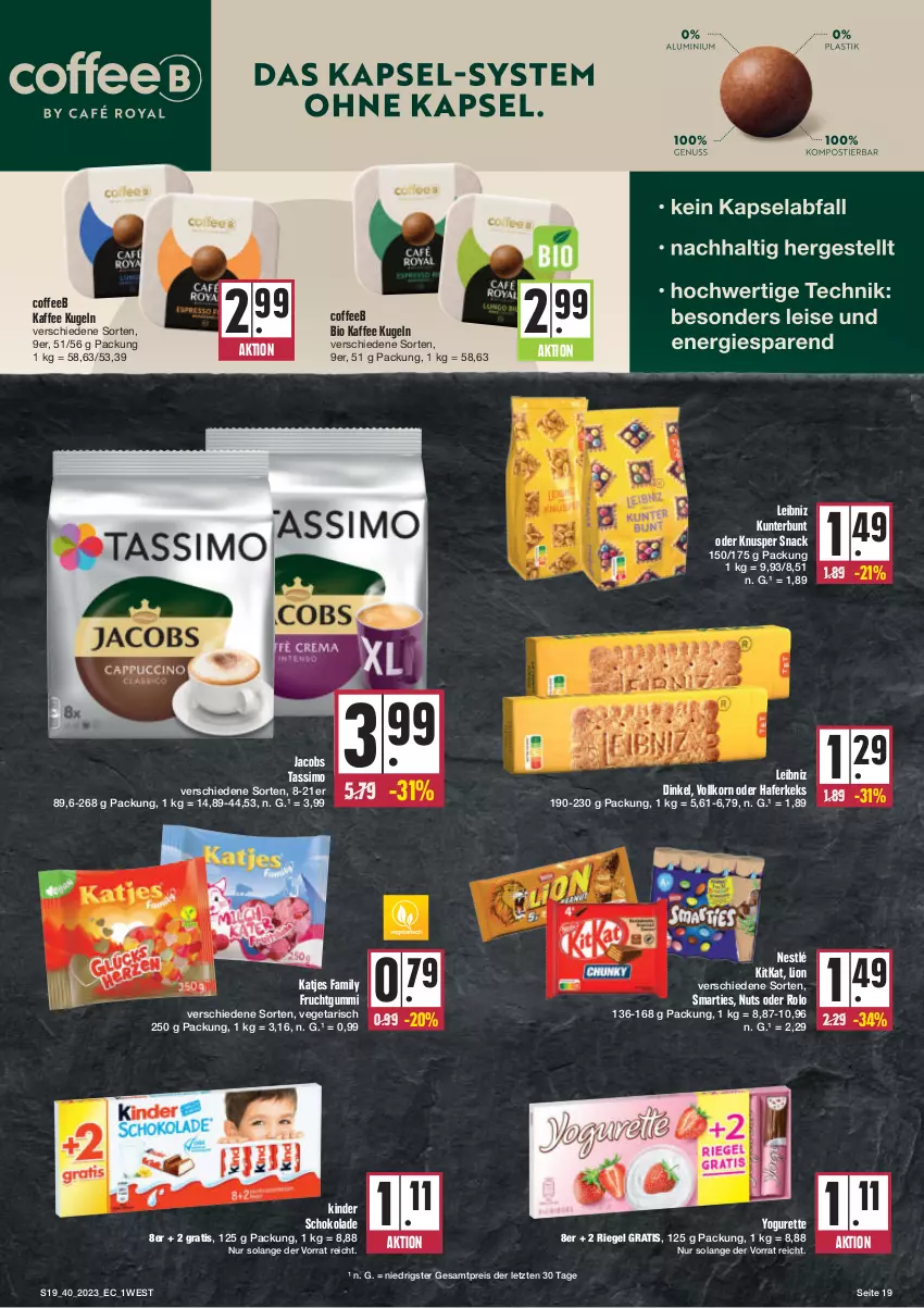 Aktueller Prospekt E Center - Angebote der Woche - von 02.10 bis 07.10.2023 - strona 19 - produkty: bio, eis, frucht, fruchtgummi, hafer, jacobs, jacobs tassimo, kaffee, katjes, keks, Kinder, kinder schokolade, kitkat, korn, Kugel, leibniz, lion, nestlé, reis, riegel, schoko, schokolade, sim, smarties, snack, tassimo, Ti, Vegeta, Yo, yogurette, ZTE