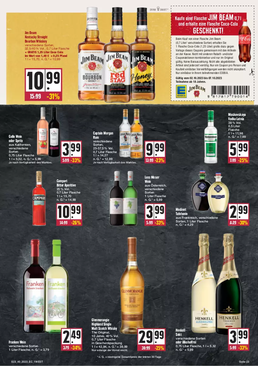 Aktueller Prospekt E Center - Angebote der Woche - von 02.10 bis 07.10.2023 - strona 23 - produkty: alkohol, bourbon, bourbon whiskey, campari, Cap, captain morgan, coca-cola, cola, coupon, coupons, deka, eis, erde, flasche, gallo, geschenkpackung, gin, henkel, henkell, henkell sekt, jim beam, kentucky straight, Lenz Moser, medinet, moser, moskovskaya, reis, rum, scotch, scotch whisky, sekt, single malt, Ti, tuc, vodka, wein, whiskey, whisky, ZTE