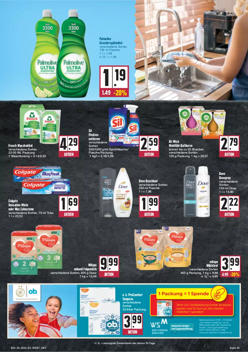 Aktueller Prospekt E Center - Angebote der Woche - von 02.10 bis 07.10.2023 - strona 25 - produkty: Air Wick, Bad, Brei, colgate, creme, deo, deospray, dove, Duftkerze, duschbad, eis, elle, flasche, Fleckenentferner, folgemilch, Frosch, geschirr, geschirrspülmittel, kerze, Kinder, LG, milch, milupa, olive, palmolive, procomfort, reis, sprühflasche, spülmittel, Tampon, tampons, Ti, waschmittel, WICK, zahncreme, ZTE