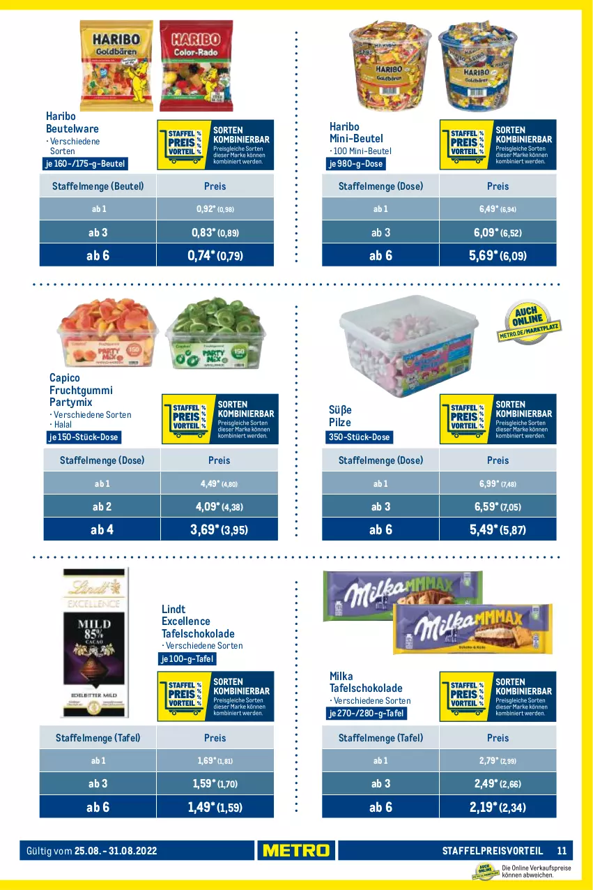 Aktueller Prospekt Metro - Food - von 25.08 bis 31.08.2022 - strona 11 - produkty: beutel, Cap, eis, elle, frucht, fruchtgummi, haribo, lindt, milka, pilze, preisvorteil, reis, schoko, schokolade, tafelschokolade, Ti