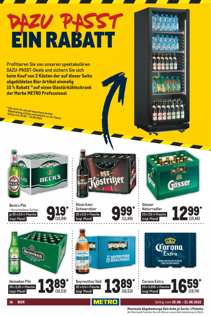 Aktueller Prospekt Metro - Food - von 25.08 bis 31.08.2022 - strona 16 - produkty: auto, bier, corona, corona extra, flasche, getränk, getränke, Glastür, gösser, heineken, köstritzer, kühlschrank, LG, Metro, natur, Palette, pils, radler, Schrank, Ti, Tiere