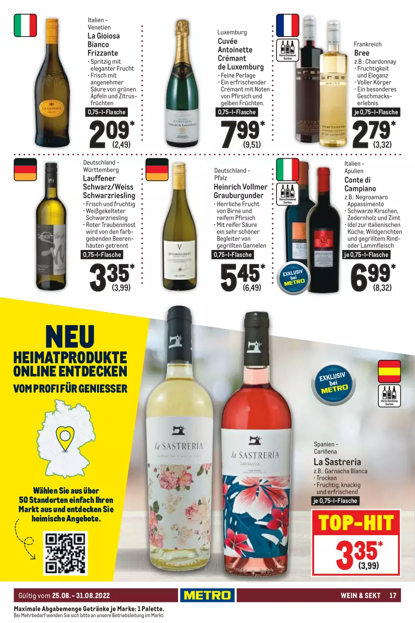 Aktueller Prospekt Metro - Food - von 25.08 bis 31.08.2022 - strona 17 - produkty: amaro, angebot, angebote, beere, beeren, bree, burgunder, chardonnay, cuvée, decke, eis, flasche, fleisch, frizzante, frucht, früchte, früchten, garnelen, getränk, getränke, grauburgunder, grill, Holz, kirsch, kirsche, kirschen, küche, La Gioiosa, lamm, Lammfleisch, mac, Palette, perla, pfirsich, Ria, riesling, rind, schwarzriesling, sekt, sim, Ti, top-hit, trauben, wein, Wild