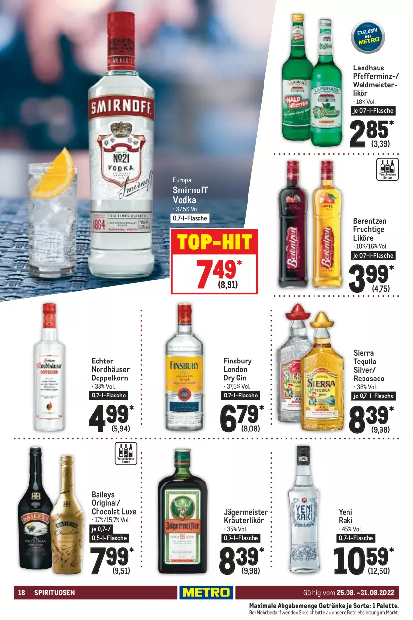 Aktueller Prospekt Metro - Food - von 25.08 bis 31.08.2022 - strona 18 - produkty: baileys, berentzen, cola, doppelkorn, dry gin, eis, finsbury, flasche, frucht, Germ, getränk, getränke, gin, jägermeister, korn, kräuter, kräuterlikör, likör, london dry, london dry gin, Meister, Palette, pfeffer, Sierra, sierra tequila, smirnoff, spirituosen, tequila, Ti, top-hit, vodka, waldmeister, yeni raki