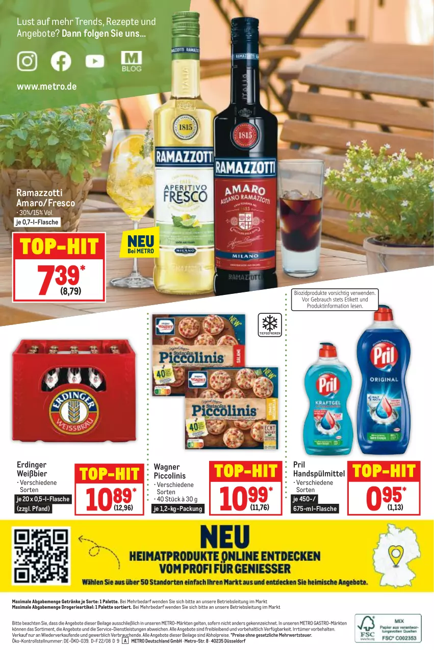 Aktueller Prospekt Metro - Food - von 25.08 bis 31.08.2022 - strona 20 - produkty: abholpreise, amaro, angebot, angebote, bier, eis, erdinger, flasche, getränk, getränke, ilag, LG, Metro, metro gastro, Palette, piccolinis, pril, rama, ramazzott, ramazzotti, Rauch, reis, rezept, rezepte, rwe, spülmittel, Ti, top-hit, wagner, zott