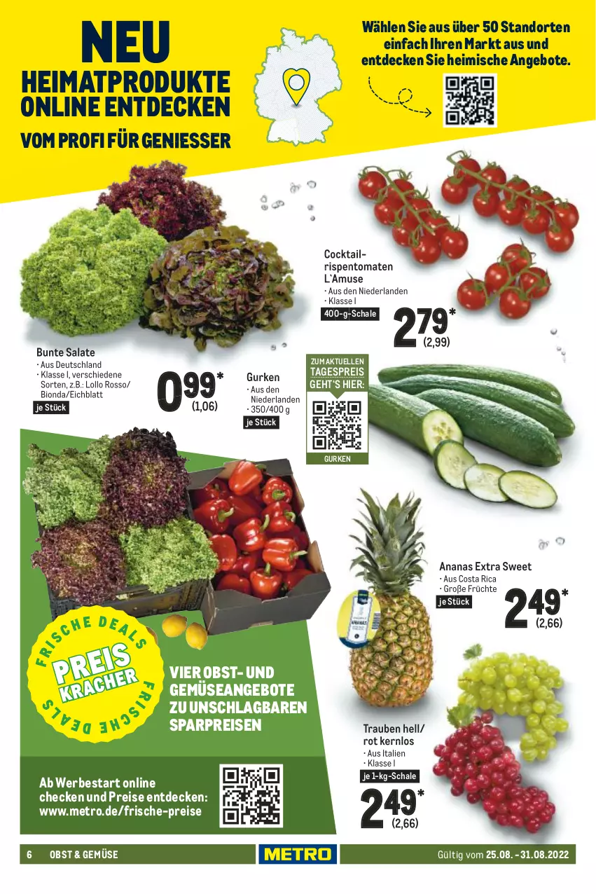 Aktueller Prospekt Metro - Food - von 25.08 bis 31.08.2022 - strona 6 - produkty: ananas, angebot, angebote, bio, bunte salate, cocktail, decke, eis, elle, früchte, gurke, gurken, Metro, obst, reis, rispentomaten, salat, salate, Schal, Schale, Ti, tomate, tomaten, trauben, und gemüse