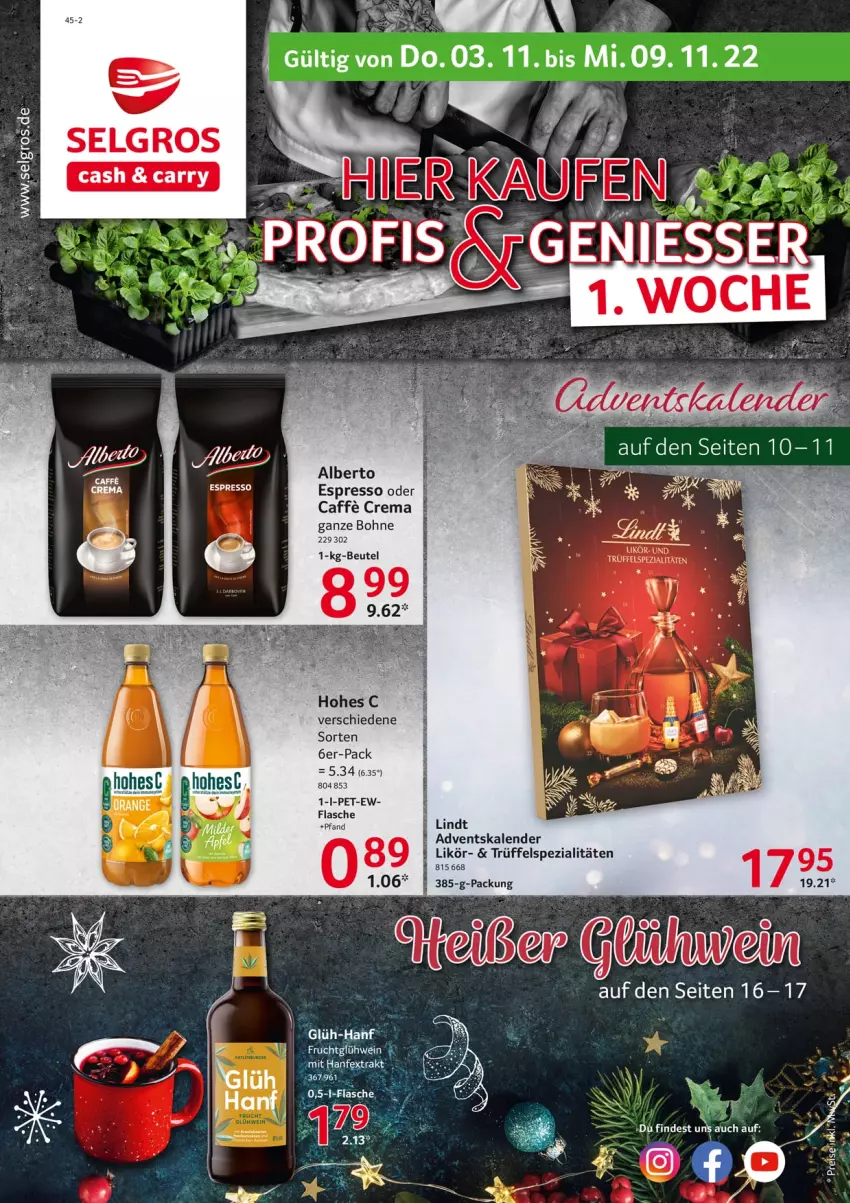 Aktueller Prospekt Selgros - Food - von 03.11 bis 09.11.2022 - strona 1 - produkty: Adventskalender, bohne, caffe, eis, espresso, espresso oder, flasche, LG, likör, lindt, reis, Spezi, Trüffel