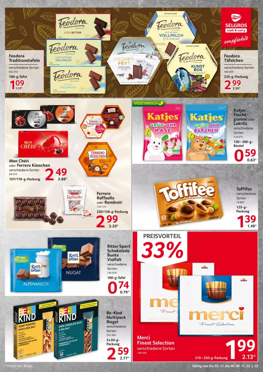 Aktueller Prospekt Selgros - Food - von 03.11 bis 09.11.2022 - strona 13 - produkty: alpenmilch, Be-Kind, beutel, ferrero, Ferrero Küsschen, gin, kakao, milch, raffaello, riegel, ritter, ritter sport, schoko, schokolade, Sport, storck, Ti, vollmilch