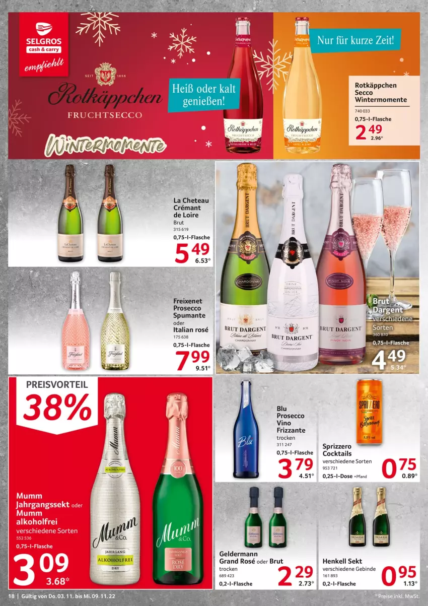 Aktueller Prospekt Selgros - Food - von 03.11 bis 09.11.2022 - strona 18 - produkty: brut, brut dargent, chardonnay, cocktail, cocktails, ecco, eis, ente, flasche, freixenet, frizzante, geldermann, henkel, henkell, henkell sekt, preisvorteil, prosecco, puma, reis, Ria, sekt, Sprizz, spumante, Ti