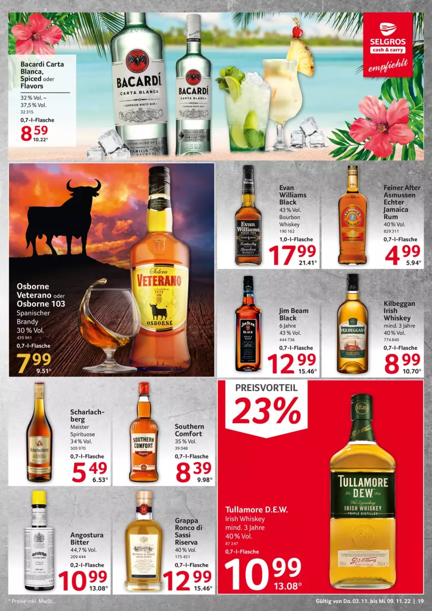 Aktueller Prospekt Selgros - Food - von 03.11 bis 09.11.2022 - strona 19 - produkty: arla, bacardi, bourbon, eis, flasche, grappa, irish whiskey, jim beam, lack, Meister, osborne, preisvorteil, reis, rel, riserva, rum, Ti, tuc, whiskey, white rum