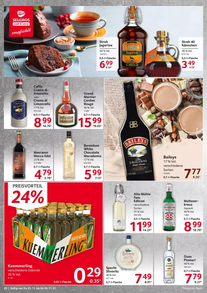 Aktueller Prospekt Selgros - Food - von 03.11 bis 09.11.2022 - strona 20 - produkty: aqua, aquavit, berentzen, cola, deit, eis, flasche, Jagertee, limo, mac, macadamia, malteser, ouzo, preisvorteil, reis, rouge, specht, tee, Ti