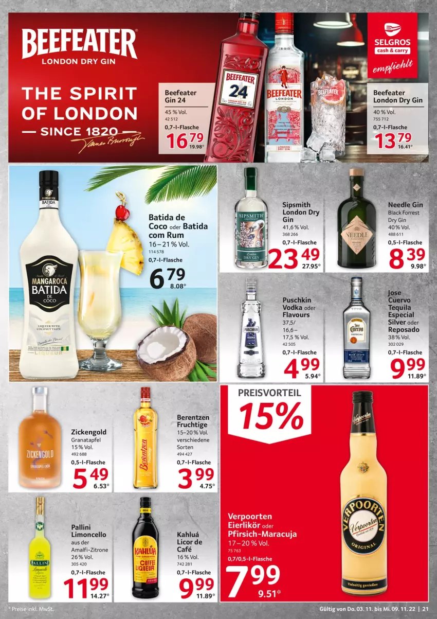 Aktueller Prospekt Selgros - Food - von 03.11 bis 09.11.2022 - strona 21 - produkty: apfel, batida, beef, Beefeater, berentzen, dry gin, eis, flasche, frucht, gin, grana, granatapfel, lack, licor, limo, london dry, london dry gin, mangaroca, preisvorteil, puschkin vodka, Rana, reis, rum, Ti, vodka, zitrone