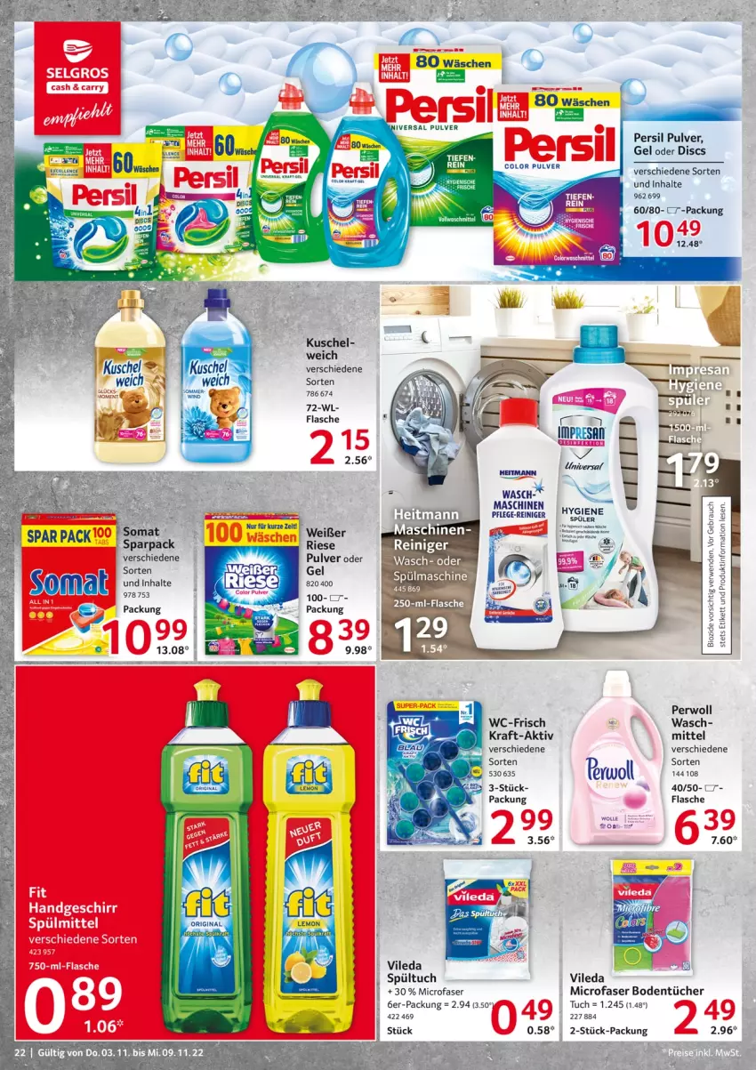 Aktueller Prospekt Selgros - Food - von 03.11 bis 09.11.2022 - strona 22 - produkty: Bodentücher, flasche, kraft, persil, perwoll, reiniger, resa, somat, Ti, tuc, tücher, vileda