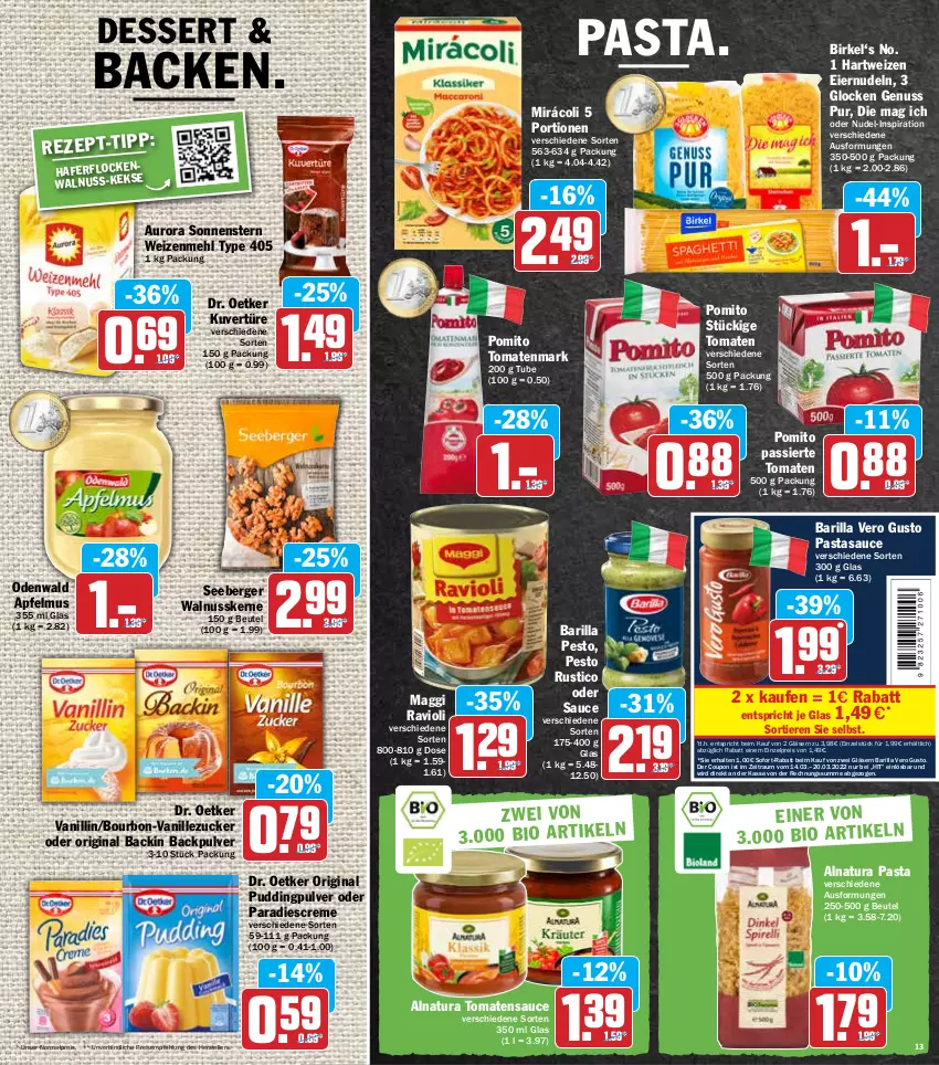 Aktueller Prospekt Hit - Prospekte - von 14.03 bis 19.03.2022 - strona 13 - produkty: apfel, apfelmus, barilla, Berger, beutel, birkel, bourbon, coupon, coupons, creme, dessert, Dr. Oetker, eier, eiernudeln, eis, elle, erde, gin, Gläser, hafer, hartweizen, maggi, mehl, Mirácoli, natur, natura, nudel, nudeln, nuss, odenwald, pasta, pesto, pomito, pudding, ravioli, reis, sauce, saucen, seeberger, sofort-rabatt, teller, Ti, Tiere, tomate, tomaten, tomatenmark, tomatensauce, type 405, vanille, walnuss, walnusskerne, weizenmehl, zucker