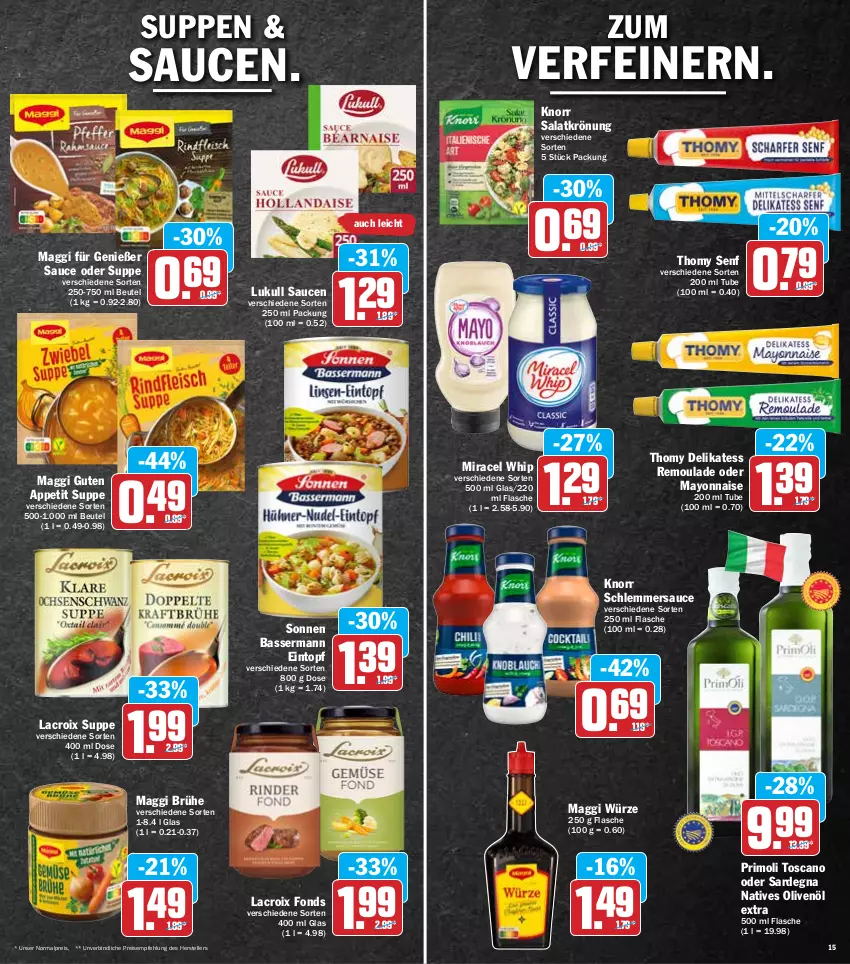 Aktueller Prospekt Hit - Prospekte - von 14.03 bis 19.03.2022 - strona 15 - produkty: beutel, Brühe, eintopf, eis, elle, flasche, knorr, lukull, maggi, maggi würze, mayonnaise, miracel, miracel whip, natives olivenöl, olive, oliven, olivenöl, olivenöl extra, reis, remoulade, salat, salatkrönung, sauce, saucen, schlemmersauce, senf, suppe, suppen, teller, thomy, Ti, topf, Yo