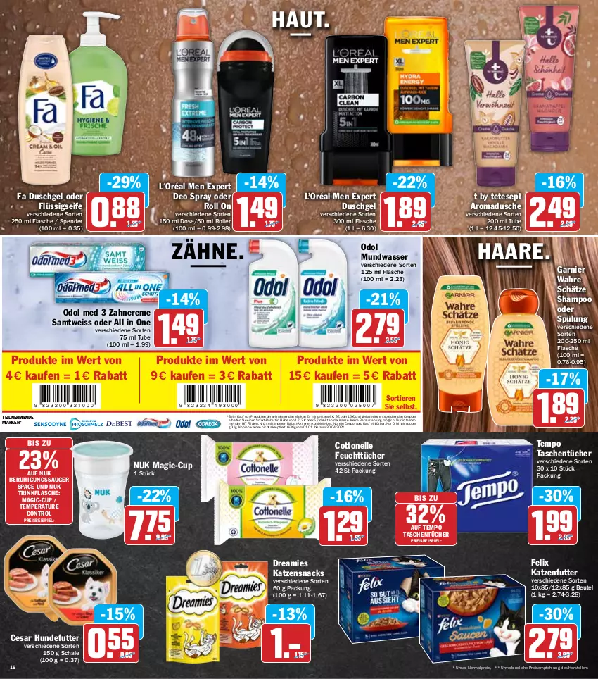 Aktueller Prospekt Hit - Prospekte - von 14.03 bis 19.03.2022 - strona 16 - produkty: Beruhigungssauger, beutel, cottonelle, coupon, coupons, creme, deo, deo spray, dreamies, dusche, duschgel, eis, elle, erde, fa duschgel, felix, feuchttücher, flasche, flüssigseife, garnier, gin, katzenfutter, katzensnack, katzensnacks, L´Oréal, mundwasser, nuk, Odol, odol med, reis, Roller, Schal, Schale, Seife, shampoo, shampoo oder spülung, snack, snacks, sofort-rabatt, spülung, Tasche, taschen, taschentücher, teller, Tempo, tender, Ti, Tiere, trinkflasche, tücher, Wahre Schätze, wasser, zahncreme