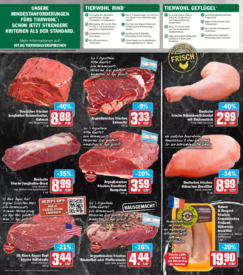 Aktueller Prospekt Hit - Prospekte - von 14.03 bis 19.03.2022 - strona 5 - produkty: auer, Bau, Bauer, beef, bio, braten, brustfilet, eis, elle, ente, entrecôte, filet, fleisch, Frische Hähnchen, Geflügel, gewürz, gin, gulasch, hähnchen-brustfilet, hähnchen-schenkel, hähnchenbrust, hähnchenbrustfilet, henkel, hüftsteak, hüftsteaks, jungbullen, lack, mais, monitor, natur, nuss, pfeffer, pflanze, pflanzen, reis, Ria, rind, rinder, rinderfilet, ring, roastbeef, rum, rumpsteak, sandwich, schenkel, schmorbraten, Spezi, Sport, steak, steaks, teller, Ti, Tiere, tisch, ZTE