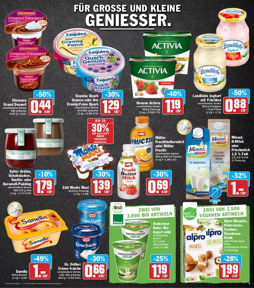 Aktueller Prospekt Hit - Prospekte - von 14.03 bis 19.03.2022 - strona 9 - produkty: activia, alpro, andechser natur, Becher, bio, butter, buttermilch, Cashew, crème fraîche, danone, danone activia, dessert, Dr. Oetker, drink, ehrmann, Ehrmann Grand Dessert, eis, elle, exquisa, flasche, frucht, früchte, früchten, grütze, haselnuss, Haselnussdrink, joghur, joghurt, jogurt, karamell, kokos, kokosnuss, landliebe, landliebe joghurt, leine, mandel, milch, monte, Müller, natur, nuss, Nussdrink, pudding, quark, quark genus, quark genuss, reis, schoko, schokolade, schokoladen, soya, ssd, Sylter, teller, tender, Ti, vanille, zott, Zott Monte