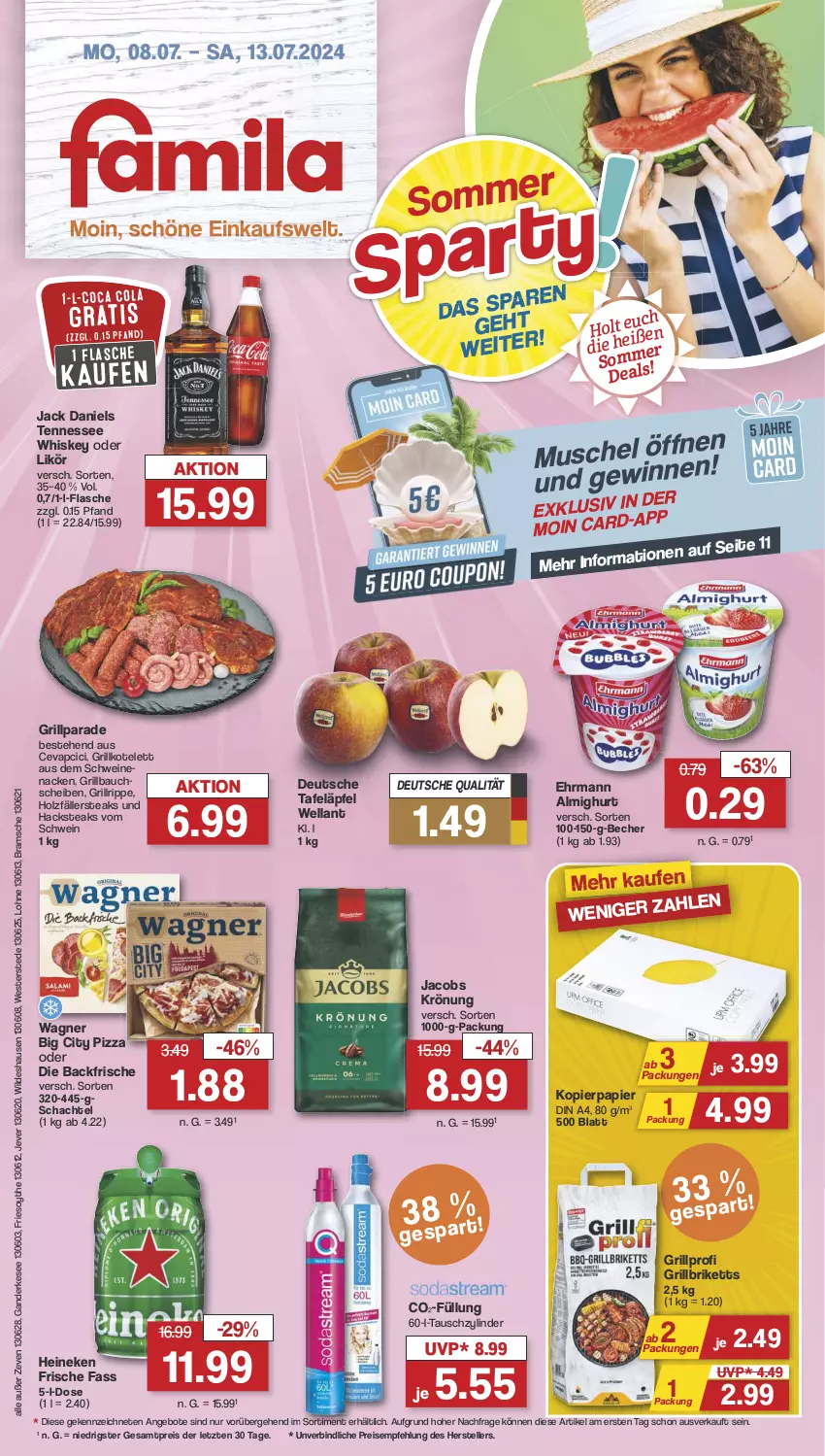 Aktueller Prospekt Famila - Prospekte - von 08.07 bis 13.07.2024 - strona 1 - produkty: almighur, almighurt, angebot, angebote, Bau, bauchscheiben, Becher, briketts, cevapcici, din a4, ehrmann, ehrmann almighurt, eis, elle, flasche, grill, Grillbauch, grillbriketts, grillkotelett, grillrippe, heineken, Holz, holzfällersteaks, jack daniel, jack daniels, jacobs, jacobs krönung, jever, kopierpapier, kotelett, likör, papier, pizza, reis, schwein, schweine, schweinenacken, steak, steaks, tafeläpfel, teller, tennessee whiskey, Ti, wagner, wein, weine, Wella, Weste, whiskey, Wild, ZTE