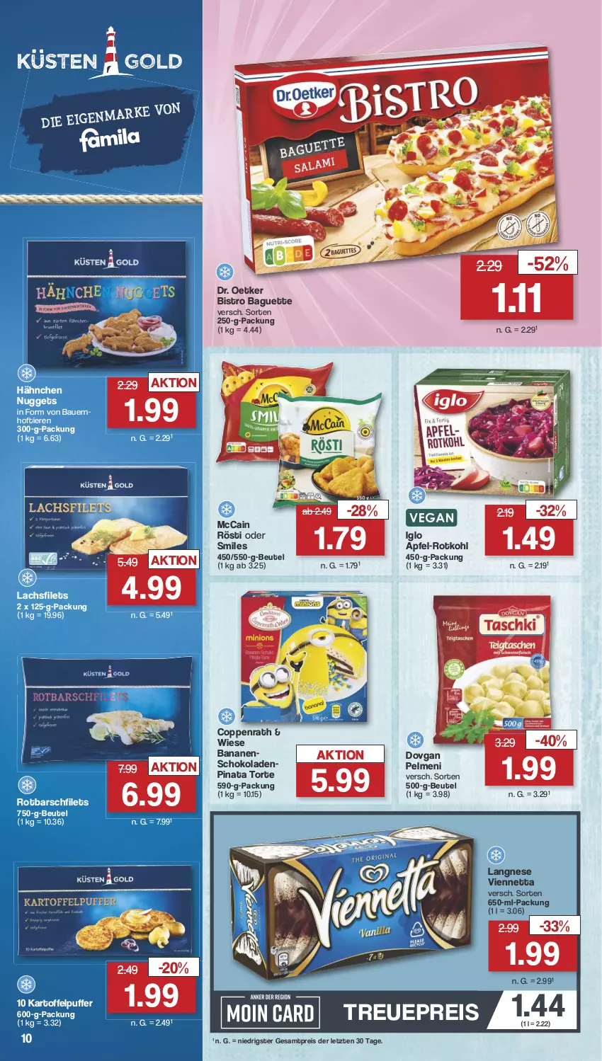 Aktueller Prospekt Famila - Prospekte - von 08.07 bis 13.07.2024 - strona 12 - produkty: apfel, auer, baguette, banane, bananen, Bau, Bauer, beutel, Bistro Baguette, coppenrath, dovgan, Dr. Oetker, eis, filet, filets, iglo, kartoffel, kartoffelpuffer, lachs, lachsfilet, lachsfilets, langnese, mccain, nuggets, pelmeni, reis, Rotbarsch, rotbarschfilet, rotkohl, schoko, schokolade, schokoladen, Ti, Tiere, torte, viennetta, ZTE